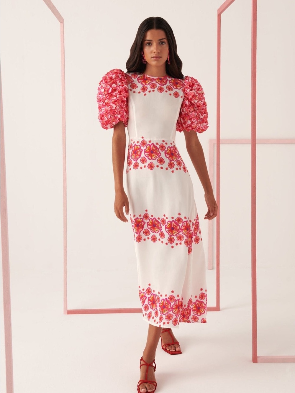White Midi Dress with Pink Floral Embroidery and Textured Puff Sleeves